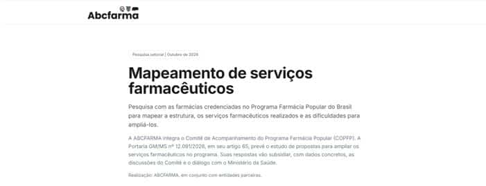 ABCFARMA lança pesquisa para mapear serviços farmacêuticos e o potencial de ampliação no Farmácia Popular